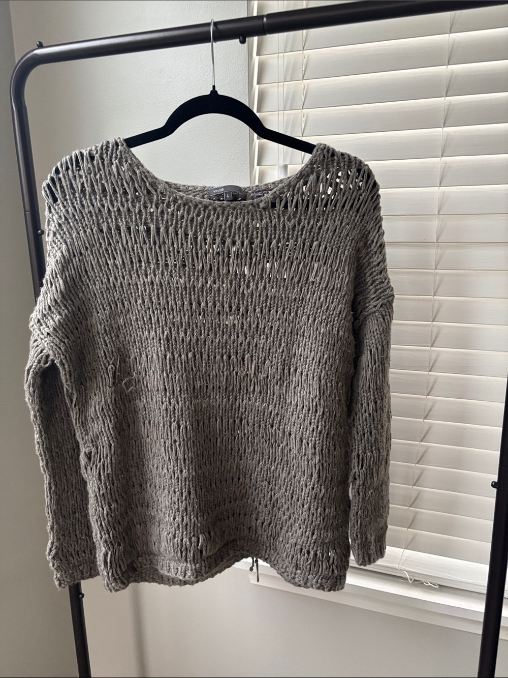 Vince Open‑Knit Scoop Neck Sweater in Gray